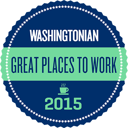 Image of a round seal (not the animal) reading: Washingtonian Great Places to Work 2015; there is also a small icon representing a steaming cup of coffee, for what it's worth.